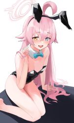 1girl absurdres ahoge animal_ears black_leotard blue_archive blue_eyes blush bow bowtie breasts detached_collar fake_animal_ears hair_between_eyes halo heterochromia highres hoshino_(blue_archive) leotard long_hair looking_at_viewer open_mouth pink_hair playboy_bunny rabbit_ears s4ika small_breasts smile thighs yellow_eyes