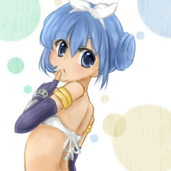 1girl arinko_(arinnko-a) bikini blue_eyes blue_hair bow commentary_request double_bun elbow_gloves fingerless_gloves gloves hair_bow hair_bun index_finger_raised looking_at_viewer looking_to_the_side open_mouth purple_gloves ragnarok_online short_hair solo swimsuit upper_body white_bikini white_bow whitesmith_(ragnarok_online)