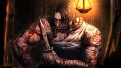 Rule 34 | 1boy, bandaged arm, bandaged hand, bandages, blood, bloody knife, brown hair, cuts, dark-skinned male, dark skin, dreadlocks, full-body tattoo, game cg, heathcliff (project moon), highres, holding, holding knife, injury, knife, limbus company, male focus, nai ga, official art, project moon, purple eyes, rope, rope gag, sarashi, scar, scar on face, self-harm, short hair, solo, tattoo