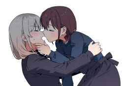 2girls black_skirt black_sweater blue_shirt blush commentary_request girls_band_cry grey_hair habsida_(habsida_hpy) hand_on_another&#039;s_chin highres imminent_kiss iseri_nina kawaragi_momoka korean_commentary long_hair long_sleeves multicolored_hair multiple_girls open_mouth red_hair roots_(hair) shirt short_twintails simple_background skirt suspender_skirt suspenders sweater twintails white_background yuri