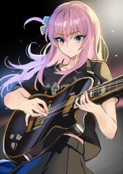 1girl absurdres black_shirt black_skirt blue_eyes bocchi_the_rock! closed_mouth commentary concentrating gotoh_hitori guitar hair_between_eyes highres holding holding_guitar holding_instrument instrument kessoku_band_t-shirt long_hair music pink_hair playing_instrument shirt sidelocks skirt solo stone_(ksorede) sweat