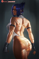Rule 34 | 1girl, arm strap, ass, back, backless leotard, black gloves, blair dame, blue hair, breasts, choker, commentary, dappled sunlight, english commentary, female focus, fingerless gloves, folded ponytail, from behind, gloves, heattech leotard, large breasts, leotard, looking back, muscular, muscular female, photo-referenced, realistic, rejean dubois, solo, street fighter, street fighter ex (series), sunlight, thong leotard, turtleneck, watermark, web address, white leotard