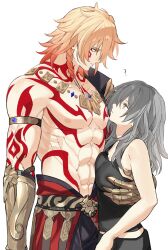 1boy 1girl ? abs arm_tattoo armored_gloves black_skirt blonde_hair breasts chest_tattoo facial_tattoo gold_gloves gold_necklace grabbing_another&#039;s_breast grey_hair groping hashtag-only_commentary hetero highres honkai:_star_rail honkai_(series) jewelry long_hair looking_at_another meat7955 medium_breasts medium_hair mydei_(honkai:_star_rail) necklace red_tattoo simple_background size_difference skirt stelle_(honkai:_star_rail) tattoo toned toned_male topless_male trailblazer_(honkai:_star_rail) white_background yellow_eyes