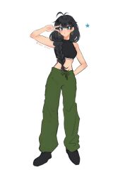 1girl bare_shoulders black_hair blue_eyes blush boots braid crop_top earrings ganaha_hibiki green_pants highres hoop_earrings idolmaster idolmaster_(classic) jewelry long_hair looking_at_viewer midriff nakamura_(mugenlism) open_mouth pants simple_background solo star_(symbol) victory_pose white_background