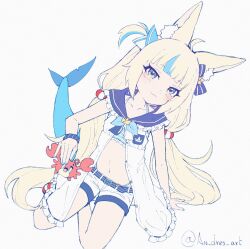 1girl ahoge an_dres_art animal_ears blonde_hair blue_eyes blue_nails bow cat_ears crab dress ear_tufts fins fish_girl fish_tail highres indie_virtual_youtuber kaniki_(sameko_saba) lifebuoy_hair_ornament long_hair low_twintails meme midriff nail_polish sameko_saba short_shorts shorts signature smile tail twintails uohhhhhhhhh!_(meme) virtual_youtuber white_background white_dress