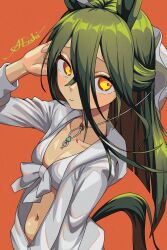 1girl a4_(a4_eishi) absurdres animal_ears artist_name bikini black_hair breasts closed_mouth commentary_request grey_bikini grey_jacket hair_between_eyes hat_on_back highres horse_ears horse_girl horse_tail jacket long_hair long_hair_between_eyes manhattan_cafe_(tobasuze_hot_summer!)_(umamusume) manhattan_cafe_(umamusume) navel official_alternate_costume orange_background small_breasts solo swimsuit tail umamusume yellow_eyes