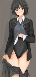 1girl black_hair black_jacket black_sailor_collar black_one-piece_swimsuit brown_eyes competition_swimsuit cowboy_shot dress_shirt grey_background grey_skirt grey_vest jacket kibito_high_school_uniform looking_at_viewer mobu nanasaki_ai one-piece_swimsuit sailor_collar school_uniform shirt short_hair simple_background skirt unworn_skirt solo standing sweater_vest swimsuit swimsuit_under_clothes undressing vest