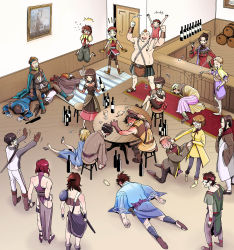 6+boys 6+girls alcohol anita_(suikoden) apple_(suikoden) barrel blonde_hair blush bolgan_(suikoden) bottle bound brown_hair camus_(suikoden) cape chain cup drinking_glass drunk eilie_(suikoden) fitcher flik_(suikoden) freed_yamamoto gensou_suikoden gensou_suikoden_ii glasses gloves hanna_(suikoden) headband highres leona_(suikoden) long_hair lying miklotov_(suikoden) multiple_boys multiple_girls nanami_(suikoden) oulan_(suikoden) pilika_(suikoden) rikimaru_(suikoden) rina_(suikoden) riou_(suikoden) sake sheena_(suikoden) shocaco short_hair shu_(suikoden) sleeping smoking smoking_pipe tai_ho viktor_(suikoden) wine wine_bottle wine_glass yam_koo zamza