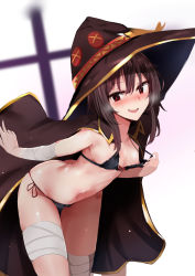 1girl absurdres alternate_costume bandaged_leg bandages bare_shoulders bent_over bikini bikini_pull black_bikini black_cape black_hair blush breasts cape clothes_pull commentary_request hat heart highres kono_subarashii_sekai_ni_shukufuku_wo! looking_at_viewer megumin micro_bikini muoto navel open_mouth paid_reward_available red_eyes short_hair small_breasts smile solo swimsuit teeth translation_request underwear upper_teeth_only witch_hat