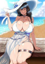 1girl bikini braid breasts closed_eyes collar earrings flower goddess_of_victory:_nikke hat highres huge_breasts jewelry kurisutorisu long_hair mary_(bay_goddess)_(nikke) mary_(nikke) side_braid skindentation smile solo sun_hat swimsuit thick_thighs thigh_strap thighlet thighs white_bikini white_hat
