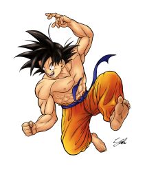 1boy abs barefoot black_hair blue_sash dragon_ball dragon_ball_(classic) gakumanabu highres male_focus medium_hair muscular orange_pants pants sash simple_background solo son_goku spiked_hair topless_male white_background