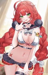 Rule 34 | 1girl, absurdres, ahoge, artist name, backlighting, bikini, black sailor collar, blush, bow, bowtie, bracelet, braid, breasts, commentary request, curtains, duchi0356, dutch angle, fang, frilled bikini, frills, green eyes, grey bow, grey bowtie, hair bow, hair ornament, halterneck, hand on own thigh, hand up, highres, indoors, jewelry, light particles, long hair, looking at viewer, medium breasts, navel, open mouth, red hair, red trim, sailor collar, skin fang, smile, solo, sphere hair ornament, standing, stomach, swimsuit, thigh strap, thighs, twintails, ukinami yuzuha, very long hair, white bikini, zenless zone zero