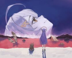 2girls ahoge brown_eyes colored_skin feathers halo highres hololive hololive_english long_hair multiple_girls nanashi_mumei neon_genesis_evangelion night night_sky ninomae_ina&#039;nis parody purple_hair red_water rune_hair_ornament scene_reference sky smile standing tablicoart tentacle_hair the_end_of_evangelion very_long_hair virtual_youtuber white_hair white_skin