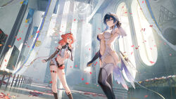 Rule 34 | 2girls, :d, absurdres, ahoge, arm up, bare shoulders, black gloves, black socks, blue eyes, blue hair, blue leotard, boots, breast curtains, breasts, cleavage, closed mouth, collarbone, commentary, dutch angle, elbow gloves, english commentary, falling petals, gloves, hair between eyes, hair bun, hair intakes, hair ornament, hairclip, hand up, highres, indoors, katya klein, large breasts, laurel crown, leotard, long hair, looking at viewer, multiple girls, navel, official art, official wallpaper, open mouth, orange hair, partially fingerless gloves, petals, revealing clothes, scar, scar on face, scar on nose, shadow, showgirl skirt, sidelocks, skindentation, smile, snowbreak: containment zone, socks, standing, stomach, strapless, strapless leotard, teeth, tess kotkin, thigh boots, two-tone gloves, upper teeth only, white gloves, white leotard