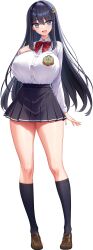 1girl :d absurdres arm_at_side black_hair black_skirt black_socks blue_eyes bow bowtie breasts brown_shoes crescent crescent_hair_ornament crescent_moon derauea game_cg hair_intakes hair_ornament hairpin hand_on_own_chest highres huge_breasts kneehighs light_blush long_hair long_sleeves looking_at_viewer moon motto!_haramase!_honoo_no_oppai_isekai_oppai_bunny_gakuen! non-web_source official_art open_mouth pleated_skirt red_bow red_bowtie school_uniform shirt shirt_tucked_in shoes sidelocks skirt smile socks solo star_(symbol) star_in_eye striped_bow striped_bowtie striped_clothes symbol_in_eye tachi-e transparent_background usami_runa white_shirt