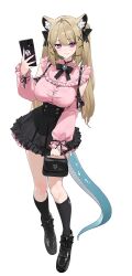 1girl arknights bag breasts cellphone hair_ribbon handbag large_breasts long_hair phone pink_eyes ribbon selfie skirt smartphone utage_(arknights)