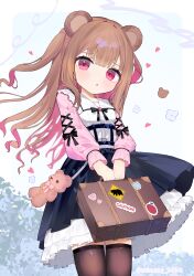 Rule 34 | 1girl, absurdres, animal charm, animal ears, bag, bear ears, black bow, black bowtie, black skirt, black thighhighs, bow, bowtie, briefcase, brown bag, brown hair, colored inner hair, cowboy shot, frilled shirt collar, frilled skirt, frills, head tilt, highres, holding, holding bag, holding briefcase, layered skirt, long hair, long sleeves, looking at viewer, multicolored hair, original, own hands together, parted lips, pink eyes, pink hair, pink sleeves, shirt, shishiodoshi, shoulder bag, skirt, solo, stuffed animal, stuffed toy, teddy bear, thighhighs, two-tone hair, two side up, v arms, white shirt, zettai ryouiki