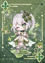 Rule 34 | 1girl, ;q, ameoto 00, bare shoulders, blush, bracelet, cape, chibi, closed mouth, commentary, commission, cross-shaped pupils, detached sleeves, dress, finger frame, full body, genshin impact, gold trim, green background, green cape, green eyes, green hair, green sleeves, hair between eyes, hair ornament, jewelry, leaf hair ornament, long hair, looking at viewer, multicolored hair, nahida (genshin impact), one eye closed, pointy ears, side ponytail, sleeveless, sleeveless dress, solo, stirrup legwear, symbol-only commentary, symbol-shaped pupils, toeless legwear, tongue, tongue out, white dress, white hair