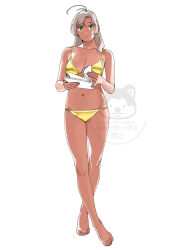 1girl absurdres antenna_hair barefoot bikini breasts cleavage feet full_body gold_bikini green_eyes grey_eyes highres kantai_collection kinugasa_(kancolle) kinugasa_kai_ni_(kancolle) looking_at_viewer medium_breasts medium_hair navel ojipon paper simple_background solo swimsuit toenails toes watermark white_background