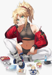 1girl artoria_pendragon_(fate) blonde_hair blush braid breasts doll fate/apocrypha fate/stay_night fate_(series) green_eyes grey_panties grey_sports_bra hair_ornament hair_scrunchie half_up_braid highres jacket long_hair long_sleeves looking_at_viewer mordred_(fate) mordred_(fate/apocrypha) open_clothes open_jacket panties parted_bangs ponytail red_scrunchie saber_(fate) scrunchie sidelocks small_breasts smile solo sports_bra tonee underwear variant_set
