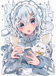1girl :o blue_eyes blue_hair blue_nails blush commission earrings hair_ornament hairclip heart highres holding jacket jewelry long_sleeves looking_at_viewer luna_s210 maid maid_headdress multicolored_hair open_mouth original solo stuffed_animal stuffed_toy teddy_bear two_side_up white_hair