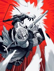 1boy absurdres armor blue_surcoat dynamic_pose elden_ring elden_ring_nightreign emphasis_lines full_armor gloves greatsword helmet highres jumping manabu_yashiro scale_armor signature solo sword weapon winged_helmet wylder_(elden_ring)
