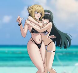 2girls ^_^ absurdres astra_yao bare_shoulders beach bikini black_bikini black_hair blonde_hair blush breasts choebal1356201 closed_eyes evelyn_chevalier hairband highres hug large_breasts long_hair multiple_girls navel outdoors purple_eyes side-tie_bikini_bottom smile swimsuit thigh_strap uneven_bangs white_bikini white_hairband zenless_zone_zero