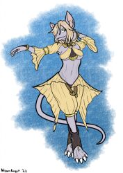 1girl alternate_costume animal_ears blonde_hair blue_eyes blush boots bracelet breasts choker claws dancer digitigrade fewer_digits final_fantasy final_fantasy_ix fingernails freija_crescent full_body furry furry_female gorget hair_down hair_over_one_eye harem_pants highres jewelry medium_breasts mouse_ears mouse_tail nezuri_knight no_headwear nose_blush open-toe_boots pants ribbon sharp_fingernails shrug_(clothing) silver_hair snout solo solo_focus tail tail_ornament tail_ribbon third-party_edit toes underboob
