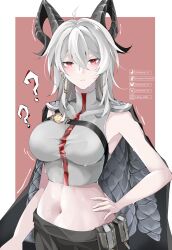 1girl ? adapted_costume black_horns black_jacket border breasts chest_harness closed_mouth commentary cowboy_shot curled_horns earrings grey_hair hair_between_eyes hand_on_own_hip harness highres horns jacket jacket_on_shoulders jewelry key_earrings large_breasts looking_at_viewer medium_hair midriff mole mole_under_eye navel red_background red_eyes solo white_border woraput2205 wuthering_waves zani_(wuthering_waves)