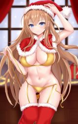 1girl ana_(vvvvor) arm_up armpits bikini blue_eyes breasts christmas hat large_breasts light_brown_hair long_hair looking_at_viewer navel original red_thighhighs santa_costume santa_hat smile solo swimsuit thighhighs very_long_hair window yellow_bikini