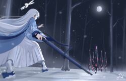 1girl absurdres arisaka bare_tree blue_archive blue_haori blue_sandals bolt_action full_moon gun hair_ornament halo haori highres holding holding_gun holding_weapon japanese_clothes karakasa_obake long_hair long_skirt moon nagusa_(blue_archive) night night_sky rahmat rifle sandals signature skirt sky snow snowflake_hair_ornament snowing socks tree umbrella weapon white_hair white_skirt white_socks