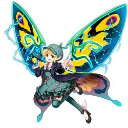 1girl alternate_eye_color alternate_hair_color animal_ears bird_ears black_coat black_footwear blonde_hair cabbie_hat coat dress electricity fingernails fingerprint full_body game_cg green_dress green_hat green_nails green_thighhighs hat high_heels highres holding holding_megaphone insect_wings long_fingernails long_sleeves looking_at_viewer megaphone moth_wings mystia_lorelei mystia_lorelei_(kaiju_of_darkness_and_sound) open_clothes open_coat rotte_(1109) sharp_fingernails short_hair simple_background solo thighhighs third-party_source touhou touhou_lostword white_background winged_footwear wings