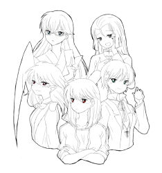 Rule 34 | breasts, coat, genderswap, genderswap (mtf), glasses, hair ornament, juumonji tsubasa, kain (kyoukai no rinne), kyoukai no rinne, long hair, masato (kyoukai no rinne), matsugo (kyoukai no rinne), monochrome, open mouth, rokudou rinne, short hair, smile