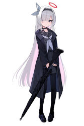Rule 34 | 1girl, absurdres, black choker, black coat, black eyes, black hairband, black pantyhose, black sailor collar, black shoes, black skirt, blue archive, blush, choker, closed mouth, coat, colored inner hair, full body, grey hair, hairband, halo, highres, long hair, multicolored hair, neckerchief, open clothes, open coat, pantyhose, pink hair, plana (blue archive), pleated skirt, red halo, sailor collar, shoes, simple background, skirt, solo, somray, white background, white neckerchief