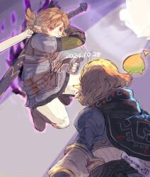 1boy 1girl aogoma artist_name aura blonde_hair blue_shirt boots braid brown_boots cloak creature dark_aura dated fingerless_gloves gloves hood hooded_cloak incoming_attack link master_sword medium_hair nintendo pants pointy_ears ponytail possessed princess_zelda red_eyes scabbard sheath shirt short_hair simple_background the_legend_of_zelda the_legend_of_zelda:_echoes_of_wisdom the_legend_of_zelda:_tears_of_the_kingdom white_pants