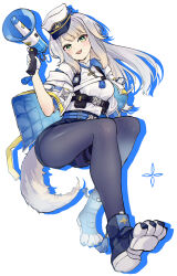 Rule 34 | 1girl, black pantyhose, black shorts, blonde hair, breast pocket, dog tail, gradient hair, green eyes, grey hair, hat, highres, holding, holding megaphone, long hair, megaphone, multicolored hair, neck tassel, nijisanji, pantyhose, paw shoes, pocket, police hat, shioriha ruri, shioriha ruri (1st costume), shirt, shorts, solo, tail, tamaki (ta makichi), tassel, two side up, very long hair, virtual youtuber, white shirt