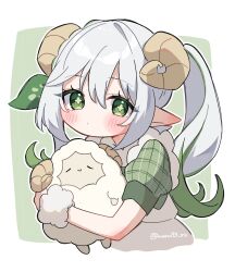 1girl animal blush commentary genshin_impact green_eyes green_hair hair_between_eyes hair_ornament highres holding holding_animal holding_sheep horns leaf_hair_ornament long_hair looking_at_viewer multicolored_hair nahida_(genshin_impact) nanakusa_yomogi pointy_ears puffy_short_sleeves puffy_sleeves sheep sheep_horns short_sleeves side_ponytail solo symbol-only_commentary symbol-shaped_pupils twitter_username white_hair