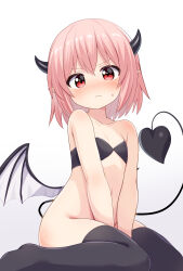 1girl black_bra black_horns black_tail black_thighhighs blush bottomless bra closed_mouth commentary_request demon_girl demon_horns demon_tail demon_wings flat_chest highres horns looking_at_viewer medium_hair mogura2009 navel original pink_hair pointy_ears red_eyes simple_background sitting solo tail thighhighs underwear wariza white_background white_wings wings
