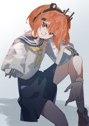 1girl a.i._voice absurdres adachi_rei alternate_costume android closed_mouth gloves grey_sailor_collar grey_skirt highres knee_up looking_at_viewer mechabare medium_hair miniskirt missing_limb neckerchief orange_eyes orange_hair radio_antenna sailor_collar school_uniform senri_(hrydy_o) serafuku shirt short_sleeves sitting skirt solo utau white_background white_gloves white_shirt yellow_neckerchief