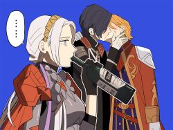 ... 1girl 2boys armor black_gloves black_hair blue_background blush bottle capelet coat collared_coat commentary_request drink drinking edelgard_von_hresvelg ferdinand_von_aegir fire_emblem fire_emblem:_three_houses fire_emblem_warriors:_three_hopes friends from_side gloves hair_over_shoulder hand_on_another&#039;s_cheek hand_on_another&#039;s_face hand_up headband headpiece holding holding_bottle holding_drink hubert_von_vestra imminent_kiss leggo long_hair long_sleeves meme multiple_boys nintendo official_alternate_costume official_alternate_hairstyle open_clothes open_coat orange_hair parted_bangs parted_lips purple_eyes red_capelet shade short_hair side_ponytail simple_background speech_bubble standing upper_body wavy_hair white_gloves white_hair wine_bottle yaoi