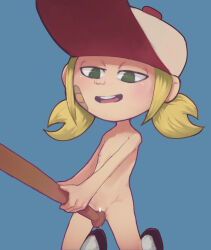 1girl bandaid bandaid_on_cheek bandaid_on_face bar_censor baseball baseball_bat baseball_cap black_shoes blonde_hair blue_background blush censored conoghi crotch_rub disney flat_chest georgie_(the_ghost_and_molly_mcgee) green_eyes hat holding holding_baseball_bat kneeling loli long_hair low_twintails masturbation nipples nude open_mouth pussy pussy_juice shoes smile socks teeth the_ghost_and_molly_mcgee twintails white_hat white_socks