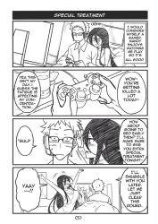 1boy 1girl 4koma bean_bag_chair black_hair blush breasts chips_(food) comic cup english_text food game_console glasses greyscale headset jitome large_breasts long_hair monochrome original peach88 playstation_2 poster_(object) scar scar_on_arm spiked_hair television video_game
