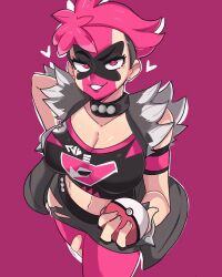 1girl black_choker black_hair black_shirt breasts choker cleavage crop_top eyelashes facepaint grey_jacket grey_skirt heart highres holding holding_poke_ball jacket large_breasts looking_at_viewer midriff multicolored_hair nintendo open_clothes open_jacket pantyhose pink_background pink_eyes pink_hair pink_pantyhose poke_ball poke_ball_(basic) pokemon pokemon_swsh shirt short_hair simple_background skirt smile solo team_yell team_yell_grunt teeth torn_clothes torn_jacket torn_skirt two-tone_hair undercut very_short_hair yoshiikirablr
