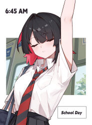 1girl azusa_hina collared_shirt colored_inner_hair diagonal-striped_clothes diagonal-striped_necktie ellen_joe english_text multicolored_hair multicolored_necktie necktie shirt sleeping sleeping_upright solo striped_clothes striped_necktie timestamp upper_body white_background white_shirt zenless_zone_zero