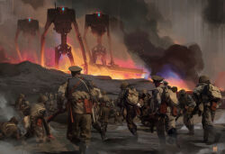 6+boys absurdres ammunition_pouch army artist_logo backpack bag battlefield belt black_footwear boots brush_stroke dated elbow_pads embers facing_away fire fog from_behind giant glowing grey_sky gun hat highres hill holding holding_gun holding_weapon kneeling logo mecha merchandise_available miguel_iglesias military military_uniform multiple_boys original outdoors pants pants_tucked_in peaked_cap pouch rifle robot running science_fiction shoe_soles shoulder_pads sky smoke soldier war weapon wide_shot
