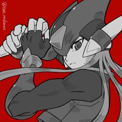 1boy absurdres armor forehead_jewel greyscale greyscale_with_colored_background helmet highres holding long_hair male_focus mega_man_(series) mega_man_zero_(series) monochrome red_background simple_background solo ten_(ten_rockman) twitter_username upper_body z_saber zero(z)_(mega_man) zero_(mega_man)
