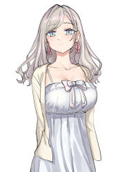 1girl absurdres breasts cardigan ceras_yanagida_lilienfeld ceras_yanagida_lilienfeld_(summer_loungewear) cleavage closed_mouth collarbone commentary cowboy_shot grey_hair hair_ribbon highres large_breasts light_blush link!_like!_love_live! long_hair looking_at_viewer love_live! nightgown official_alternate_costume open_cardigan open_clothes pink_ribbon pondo_(peng-model) revision ribbon simple_background sleeveless smile solo virtual_youtuber white_background white_cardigan white_nightgown