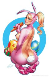 animal_costume artist_name back_cutout blonde_hair blue_eyes bodysuit breasts carrot clothing_cutout cosplay easter easter_bunny easter_bunny_(cosplay) easter_egg egg elias_chatzoudis highres kneeling large_breasts long_hair looking_at_another looking_back nipples original pawpads pink_bodysuit ponytail rabbit_costume rabbit_tail signature solo tail watermark web_address