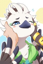 2boys absurdres asymmetrical_arms bandana beak bird_boy black_fur blue_eyes blue_fur blush blush_stickers body_fur closed_mouth embarrassed flying_sweatdrops furry furry_male green_bandana hachidori_(hachidori_no_su) half-closed_eyes hands_on_another&#039;s_arms hands_on_another&#039;s_cheeks highres light_blush link looking_at_another male_focus multicolored_background multicolored_fur multiple_boys nintendo one_eye_closed outline raised_eyebrows rito short_hair solo_focus the_legend_of_zelda the_legend_of_zelda:_tears_of_the_kingdom tulin_(zelda) upper_body white_fur white_hair white_outline winged_arms wings