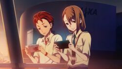 1boy 1girl aqua_eyes belt black_belt blue_necktie blue_pants breast_pocket breasts brown_hair bush chuo_tanegashima_high_school_uniform collared_shirt fukuda_tomonori game_cg green_eyes hair_between_eyes hair_tie highres holding holding_tablet_pc id_card jaxa lanyard long_hair looking_at_object necktie non-web_source official_art open_collar open_mouth outdoors pants playing playing_games pocket red_eyes red_hair red_shirt robotics;notes school_uniform shiny_eyes shirt shirt_tucked_in shirt_under_shirt short_sleeves shoulder_boards sitting small_breasts smile sunset tablet_pc tennouji_nae tennouji_nae_(robotics;notes) tongue twilight twintails v-shaped_eyebrows video_game watch white_shirt wristwatch yashio_kaito